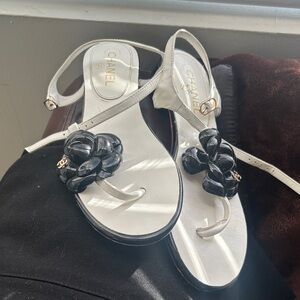 CHANEL Women's Black and White Floral Sandals